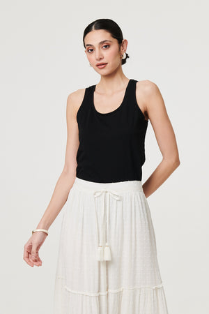 White | Textured High Waist Tiered Maxi Skirt
