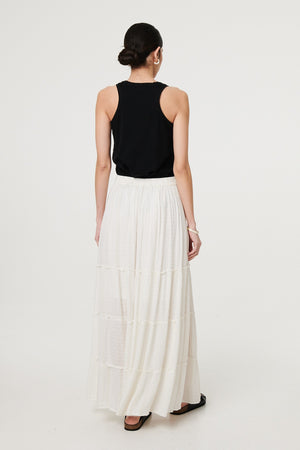 White | Textured High Waist Tiered Maxi Skirt
