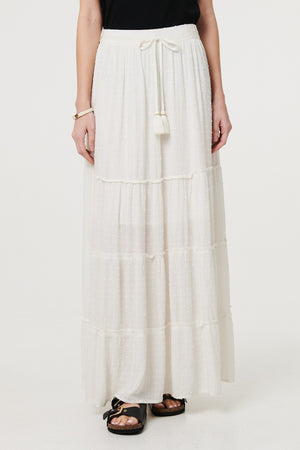 White | Textured High Waist Tiered Maxi Skirt
