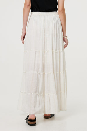White | Textured High Waist Tiered Maxi Skirt
