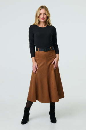 Brown | Belt Detail A-Line Midi Skirt : Model is 5'10
