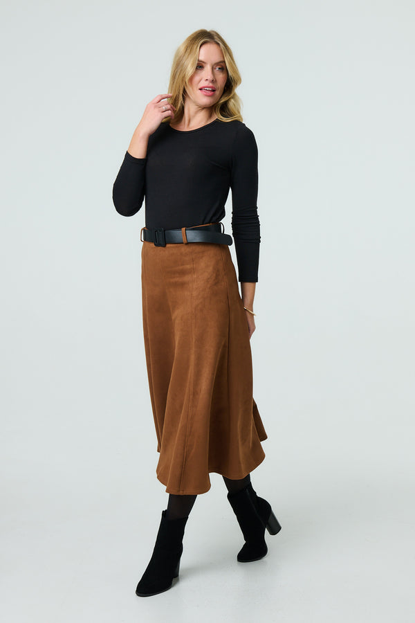 Brown | Belt Detail A-Line Midi Skirt