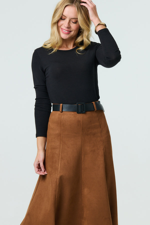 Brown | Belt Detail A-Line Midi Skirt