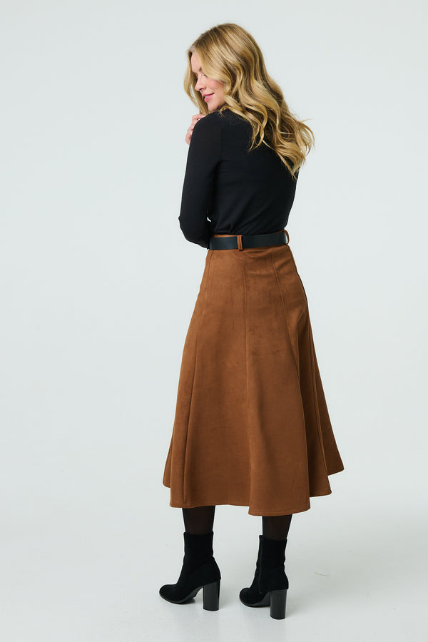 Brown | Belt Detail A-Line Midi Skirt