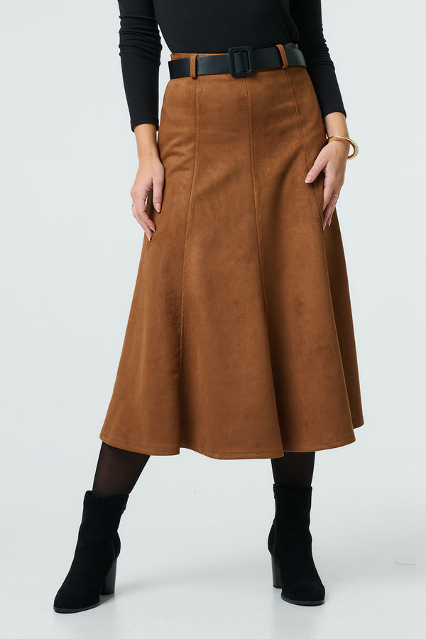 Brown | Belt Detail A-Line Midi Skirt