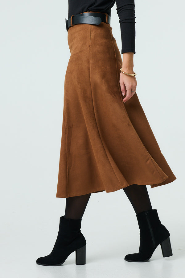 Brown | Belt Detail A-Line Midi Skirt