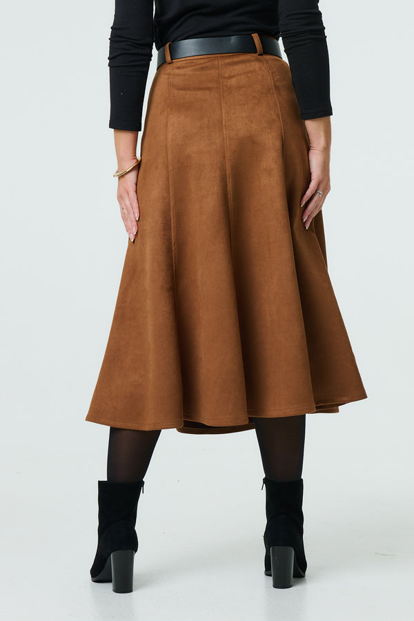 Brown | Belt Detail A-Line Midi Skirt