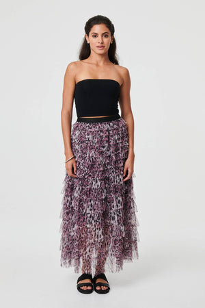 Purple | Animal Print Semi Sheer Mesh Midi Skirt : Model is 5'8