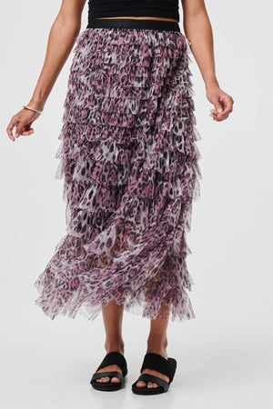 Purple | Animal Print Semi Sheer Mesh Midi Skirt
