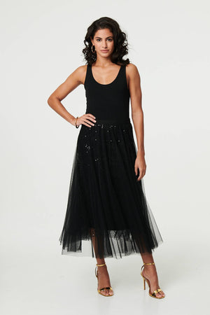 Black | Embellished Mesh Layer Midi Skirt : Model is 5'8