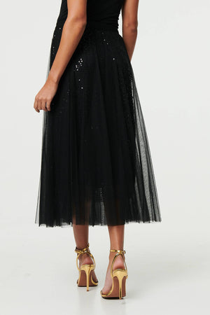 Black | Embellished Mesh Layer Midi Skirt
