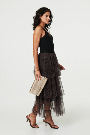 Brown | Animal Print Tiered Midi Skirt
