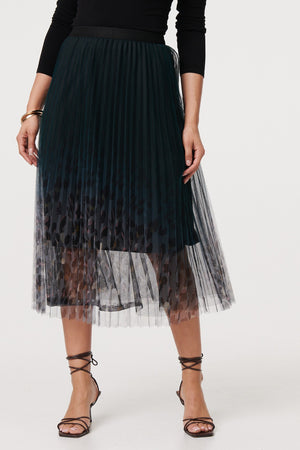 Black | Printed High Waist Mesh Midi Skirt
