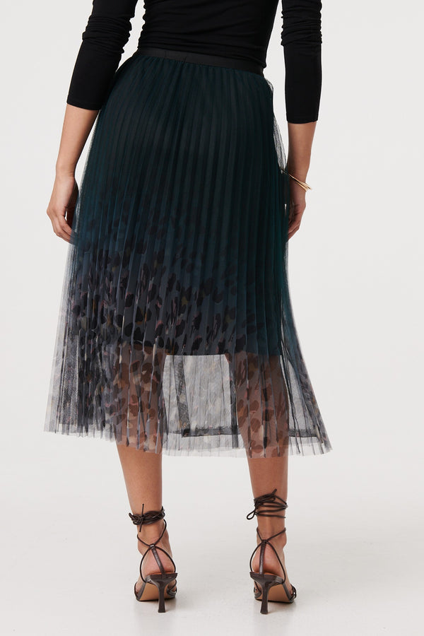 Black | Printed High Waist Mesh Midi Skirt
