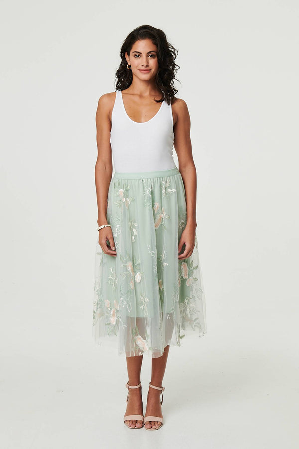 Sage | Floral Texture Semi Sheer Midi Skirt

