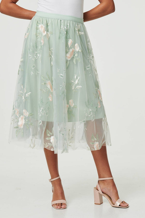 Sage | Floral Texture Semi Sheer Midi Skirt
