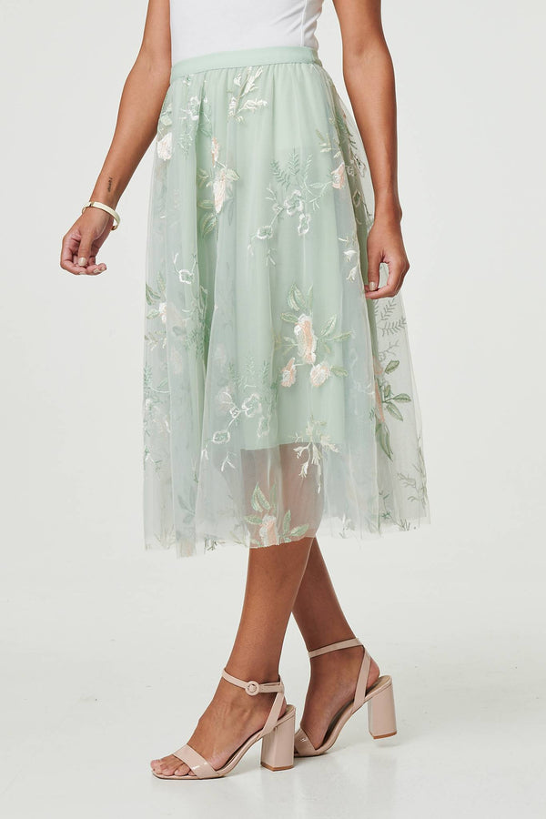 Sage | Floral Texture Semi Sheer Midi Skirt
