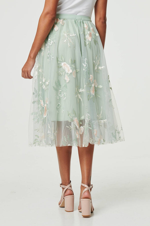 Sage | Floral Texture Semi Sheer Midi Skirt
