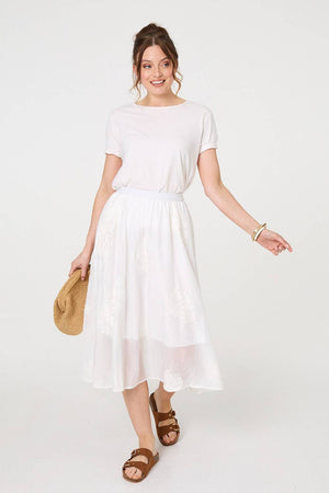 White | Lace Embellished A-Line Midi Skirt
