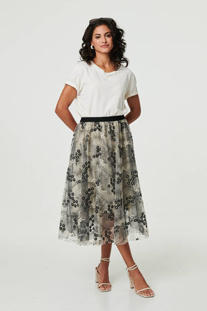 Beige | Printed A-Line Midi Skirt

