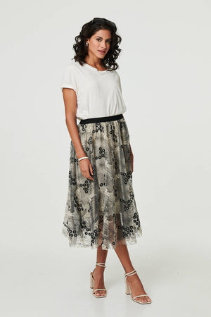 Beige | Printed A-Line Midi Skirt
