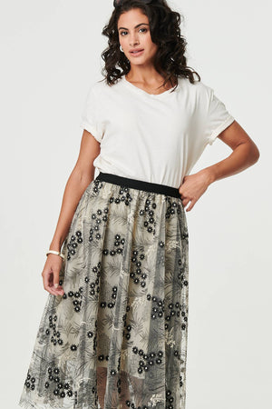 Beige | Printed A-Line Midi Skirt
