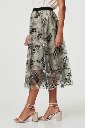 Beige | Printed A-Line Midi Skirt
