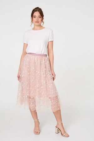 Pink | Floral Mesh Layered Midi Skirt : Model is 5'9