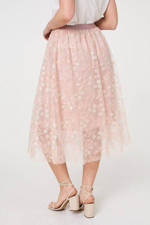 Pink | Floral Mesh Layered Midi Skirt
