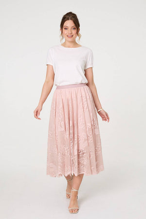 Pink | Floral Semi Sheer Mesh Layer Midi Skirt
