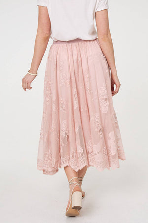 Pink | Floral Semi Sheer Mesh Layer Midi Skirt

