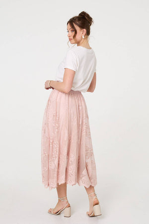 Pink | Floral Semi Sheer Mesh Layer Midi Skirt
