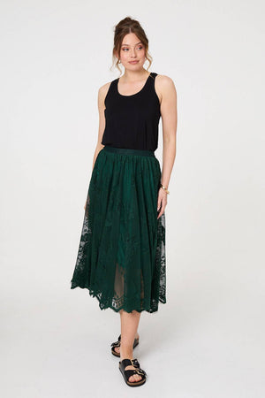 Sage | Floral Semi Sheer Mesh Layer Midi Skirt
