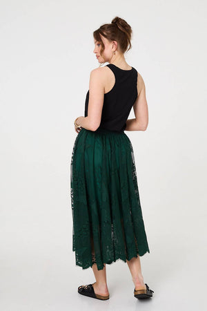 Sage | Floral Semi Sheer Mesh Layer Midi Skirt
