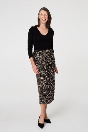 Black | Sequin Embellished High Waist Midi Skirt
