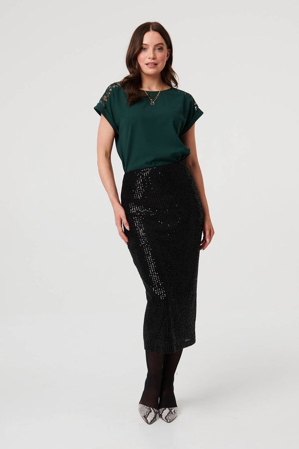 Black | Sequin Embellished Pencil Midi Skirt
