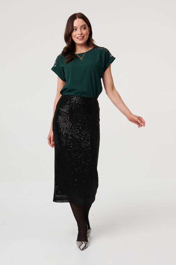 Black | Sequin Embellished Pencil Midi Skirt : Model is 5'9"/175 cm and wears UK8/EU36/US4/AUS8