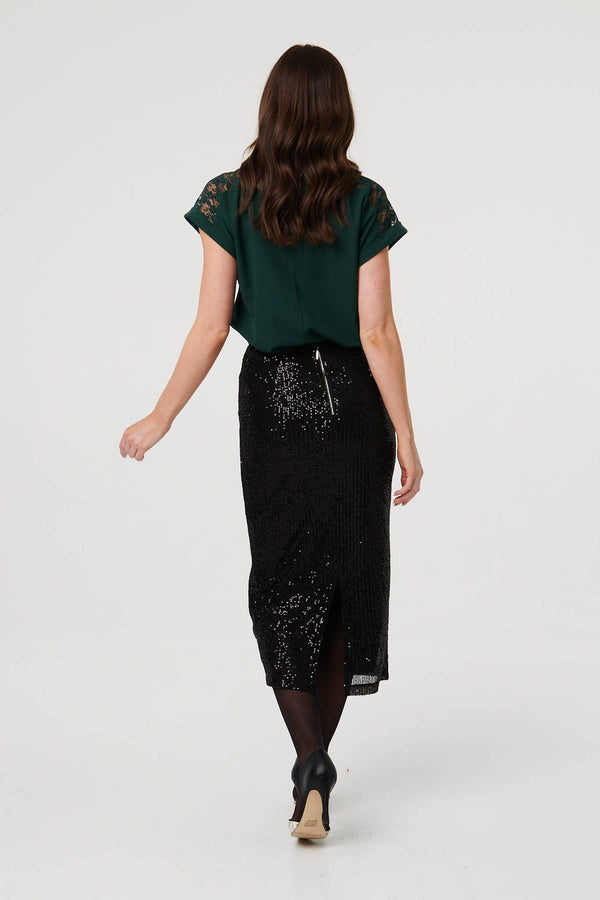 Black | Sequin Embellished Pencil Midi Skirt
