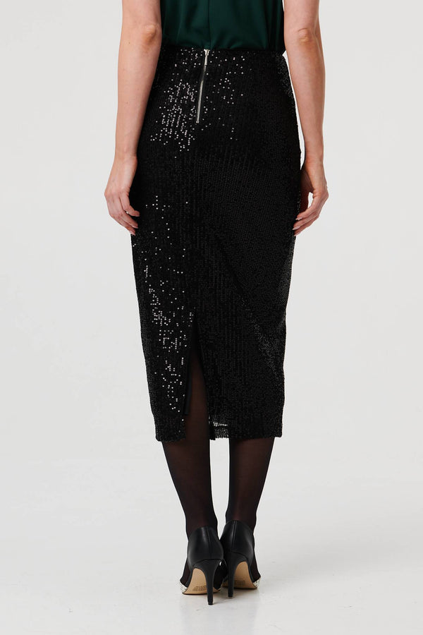 Black | Sequin Embellished Pencil Midi Skirt
