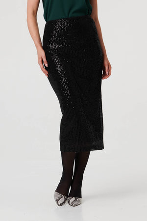 Black | Sequin Embellished Pencil Midi Skirt
