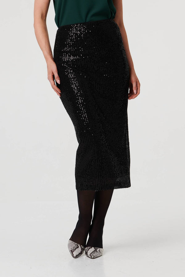 Black | Sequin Embellished Pencil Midi Skirt
