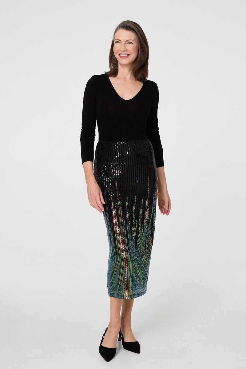 Sequin Embellished Pencil Midi Skirt