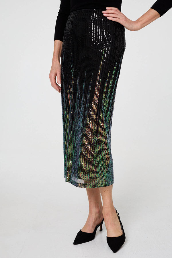 Black | Sequin Embellished Pencil Midi Skirt
