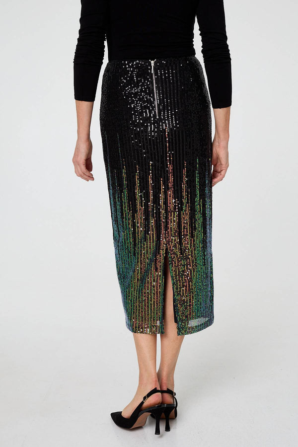 Black | Sequin Embellished Pencil Midi Skirt
