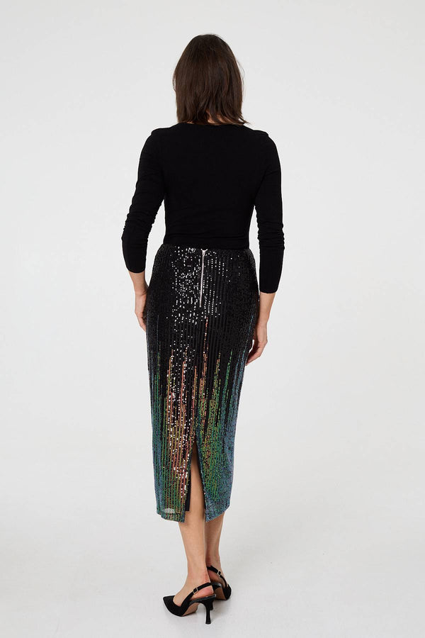 Black | Sequin Embellished Pencil Midi Skirt
