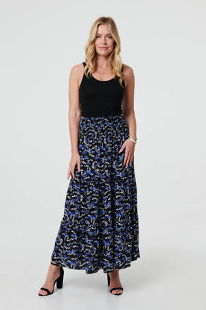 Blue | Floral High Waist Shirred Maxi Skirt
