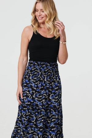 Blue | Floral High Waist Shirred Maxi Skirt
