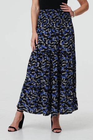 Blue | Floral High Waist Shirred Maxi Skirt
