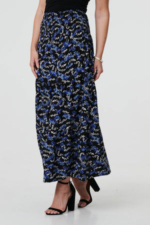 Blue | Floral High Waist Shirred Maxi Skirt
