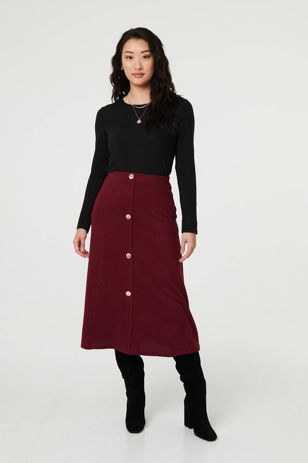 Red | Buttoned High Waist A-Line Midi Skirt
